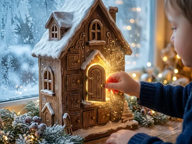 A child opens a glowing door of an advent calendar